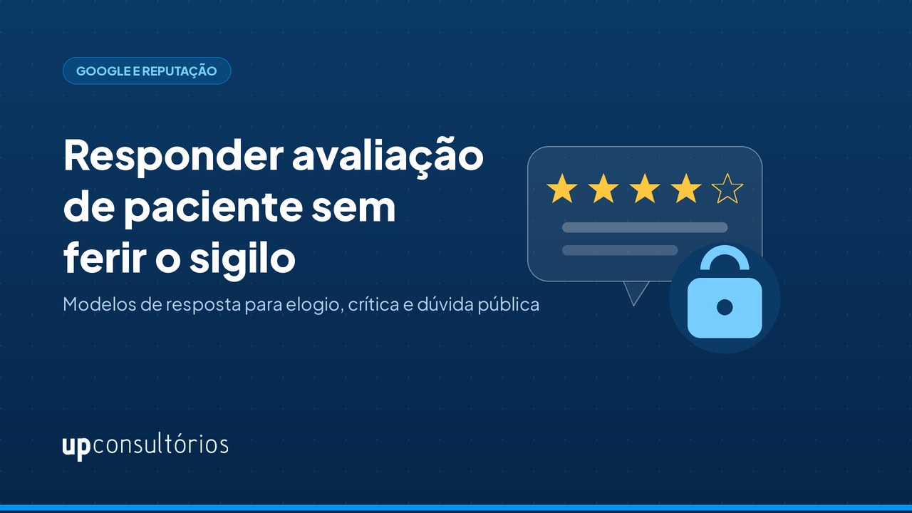 Ilustração com um balão de comentário, estrelas de avaliação e um cadeado fechado, sobre fundo azul-marinho, representando o cuidado com o sigilo ao responder avaliações no Google